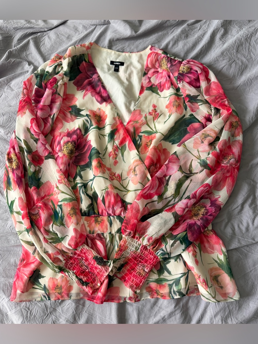 Express Floral Wrap Peplum Blouse Pink Cream Size L